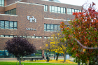 The recently installed UB logo and Capen Hall signs on Capen Hall, photographed in November 2022. Photographer: Douglas Levere