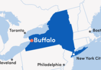 Illustrated map of northeastern U.S. with a few major metropolitan cities noted, and the state of New York highlighted in blue and Buffalo, NY highlighted in orange. 